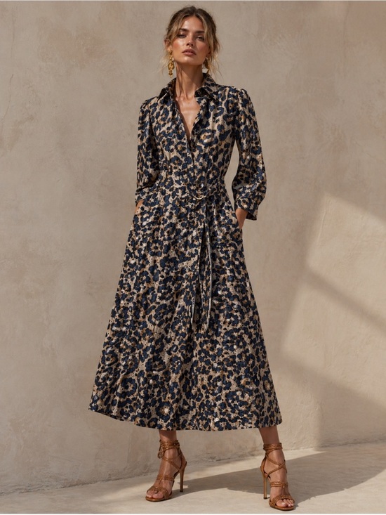 Boutique Dresses & Skirts - Leopard-Print Maxi Shirtdress in Navy and Tan
